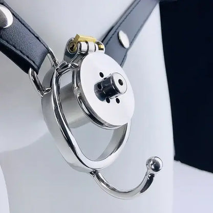 stainless steel mens chastity lock model 150 with hook and universal waist belt