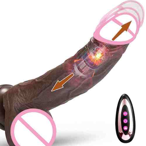 brown realistic silicone dildo showing motorized telescopic thrusting arrows and wireless remote