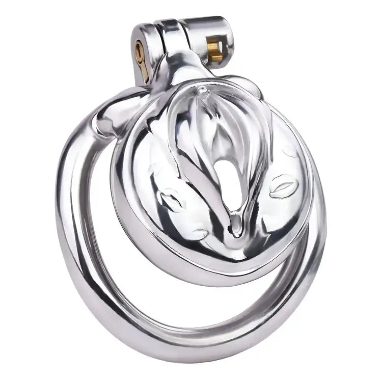 side profile of metal sissy chastity cage showing ergonomic curved ring and concealed lock hinge