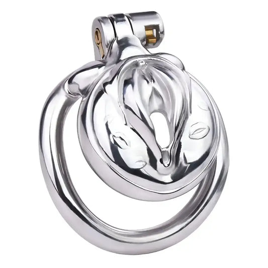 side profile of metal sissy chastity cage showing ergonomic curved ring and concealed lock hinge