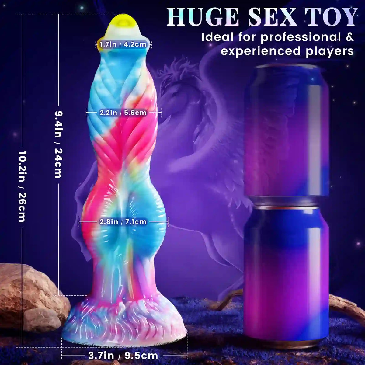 huge 10.2 inch fantasy dildo dimension chart with 9.4 inch insertable shaft and stacked soda can scale comparison