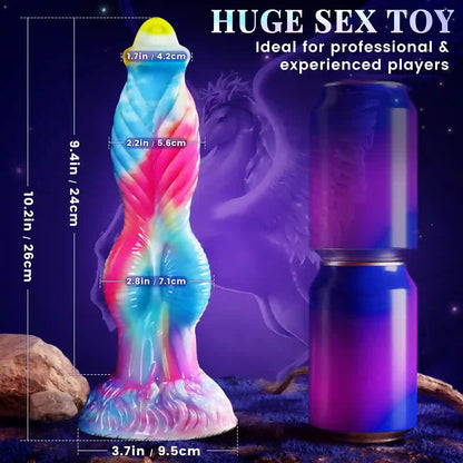 huge 10.2 inch fantasy dildo dimension chart with 9.4 inch insertable shaft and stacked soda can scale comparison