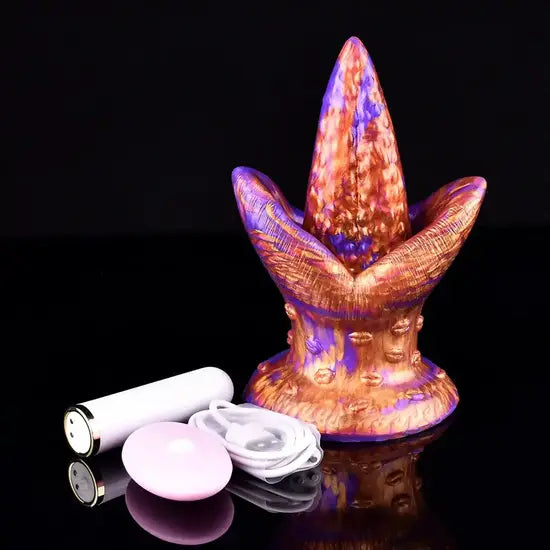 fantasy flower silicone dildo with removable vibrating bullet core, wireless remote, and petals