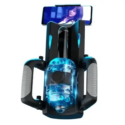 telescopic male masturbator with phone mount demonstrating motorized 120mm up and down stroke motion