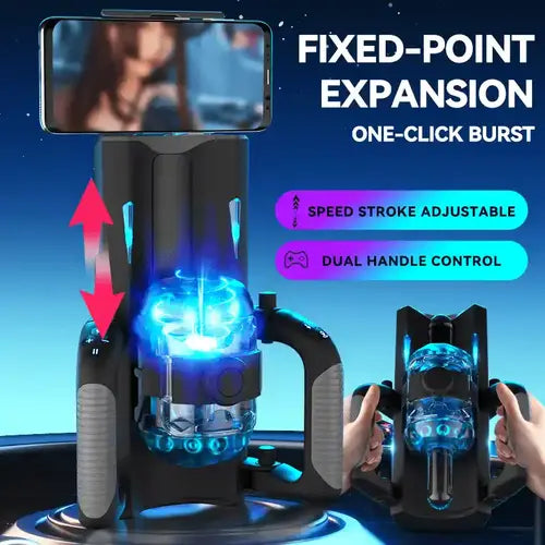 motorized male masturbator showing dual handle controls, speed adjustment buttons, and one-click burst mode