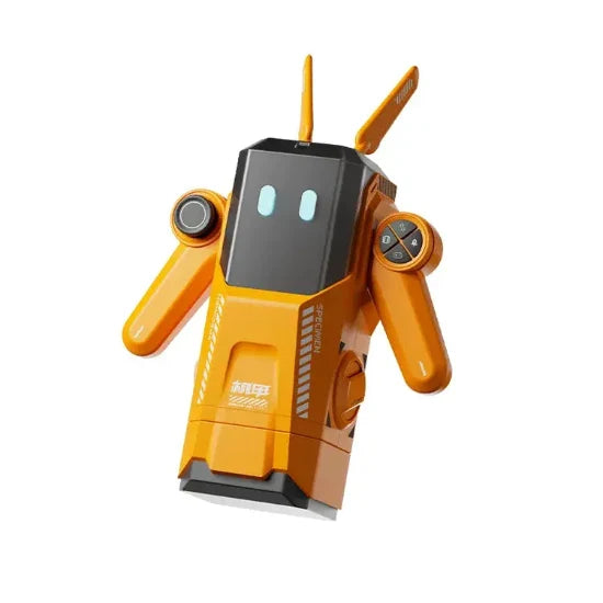 yellow mech warrior automatic male masturbator with dual gamepad handles and robot antennas