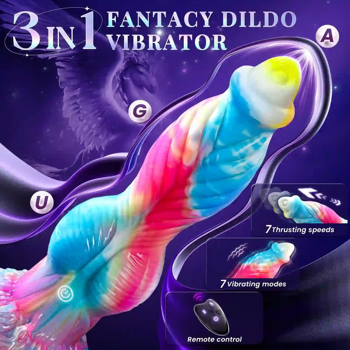 3 in 1 fantasy dildo stimulator targeting a, g, and u spots with 7 thrusting speeds and 7 vibration modes