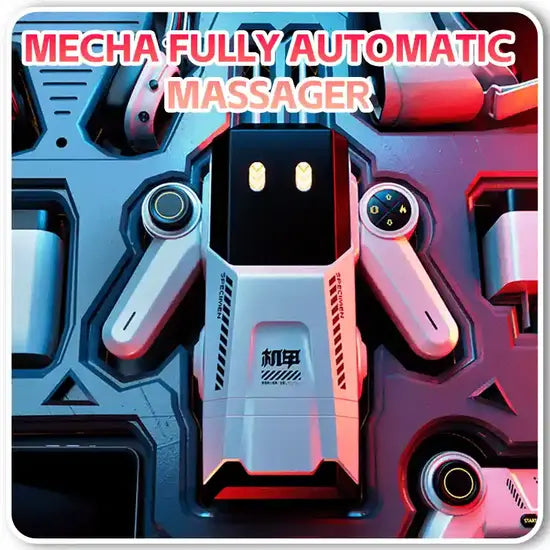 fully automatic mecha warrior massager resting in futuristic cockpit dock package with accessories