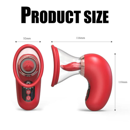 tongue licking suction vibrator dimension chart showing 110mm height, 116mm length, and 52mm suction cup width