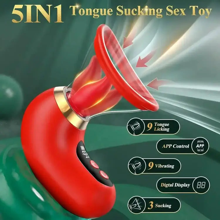 5 in 1 clitoral stimulator infographic highlighting 9 tongue licking modes, 9 vibrations, 3 suction speeds, and app control