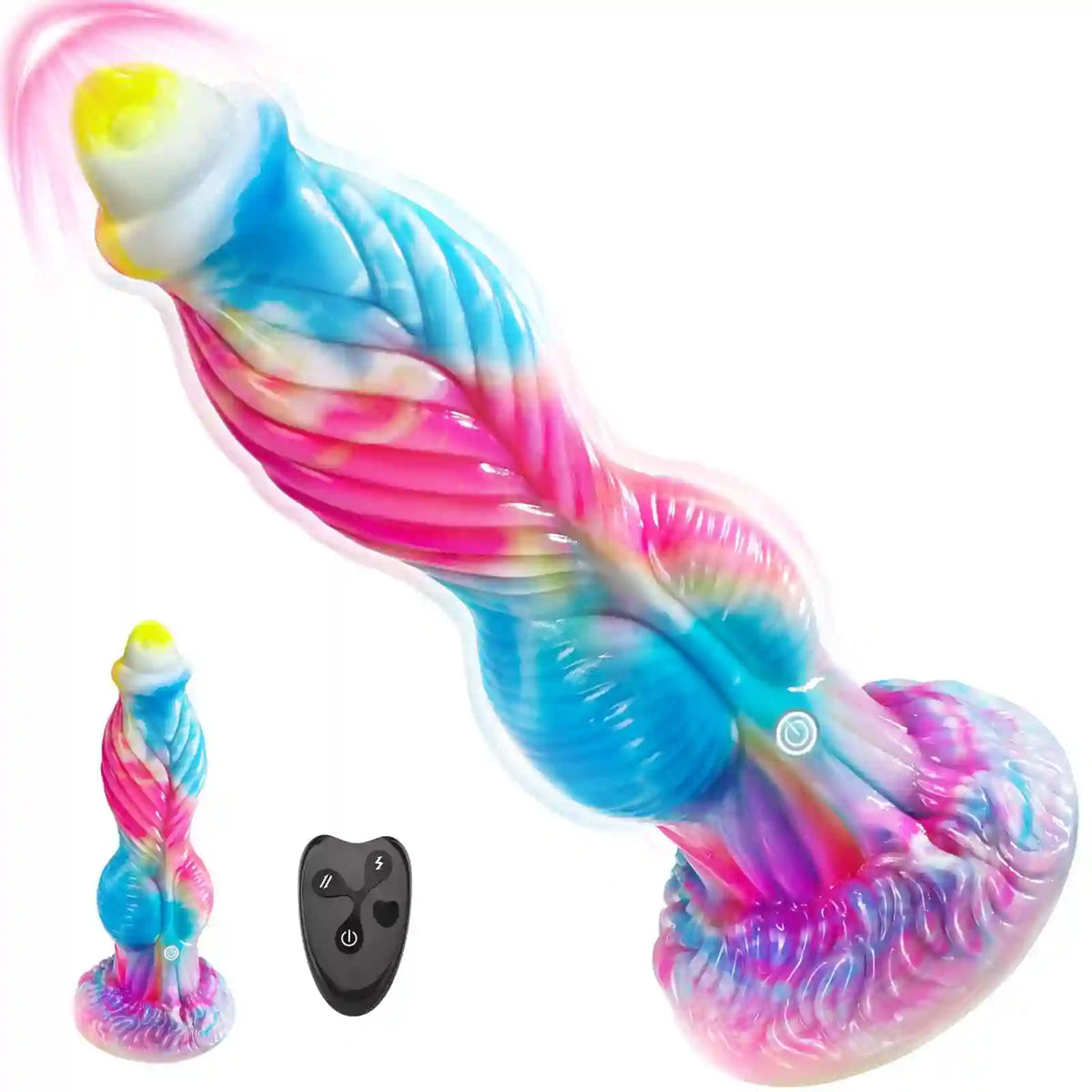 colorful fantasy thrusting dildo with yellow beak tip and compact wireless remote