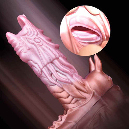 size chart for the pink dragon penis sleeve showing 242g net weight and ring openings