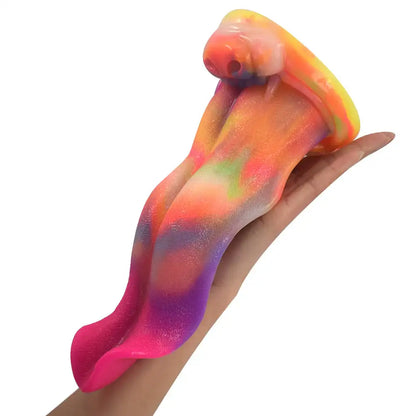  alien tongue fantasy dildo in rainbow silicone held across a hand