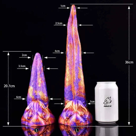 alien tentacle silicone dildo size comparison showing small 20.7cm and large 36cm next to soda can