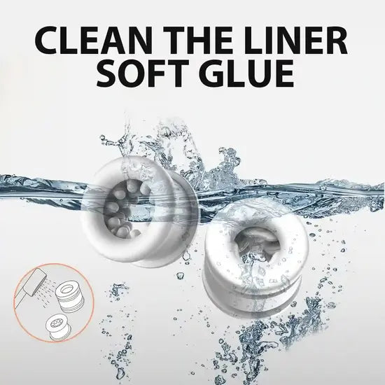 two removable soft silicone masturbator sleeves submerged in water for hygienic cleaning