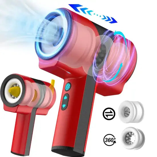 telescopic and 360 rotating male masturbator showing airflow motion and interchangeable textured sleeves

