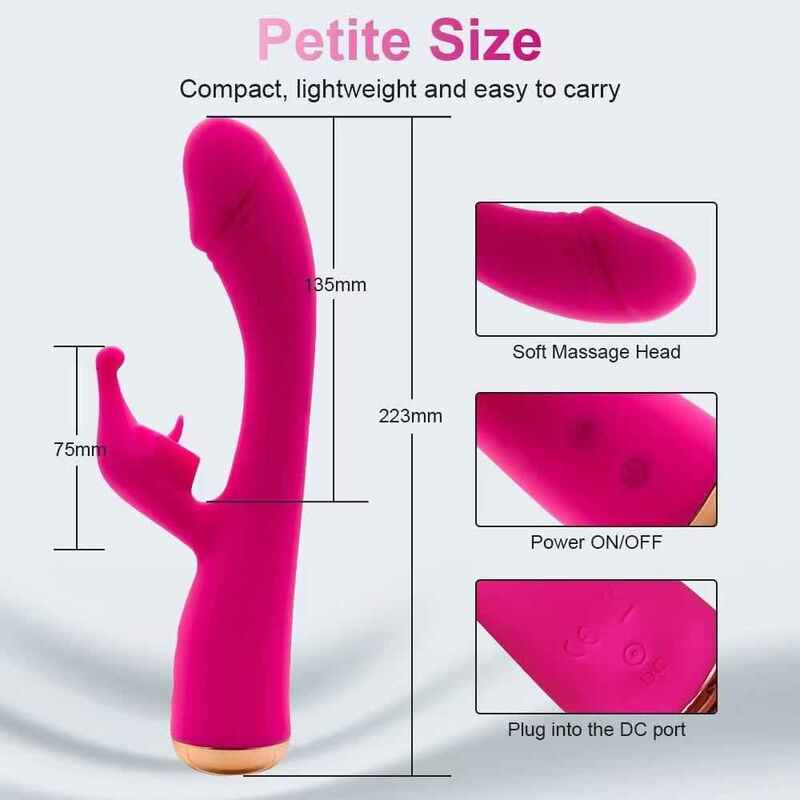 rabbit vibrator dimension chart showing 223mm length, 135mm insertable shaft, and 75mm clitoral arm