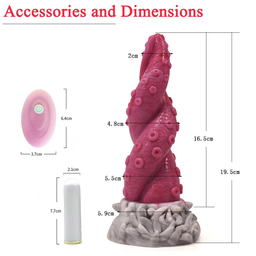 octopus tentacle dildo dimension chart with 19.5cm height and bullet vibrator