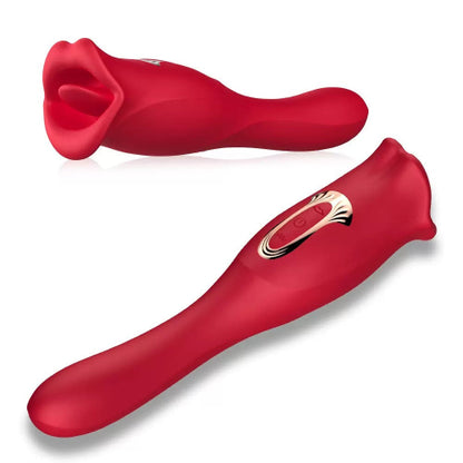 red rose oral sex toy and curved internal vibrator wand shown side by side on white background