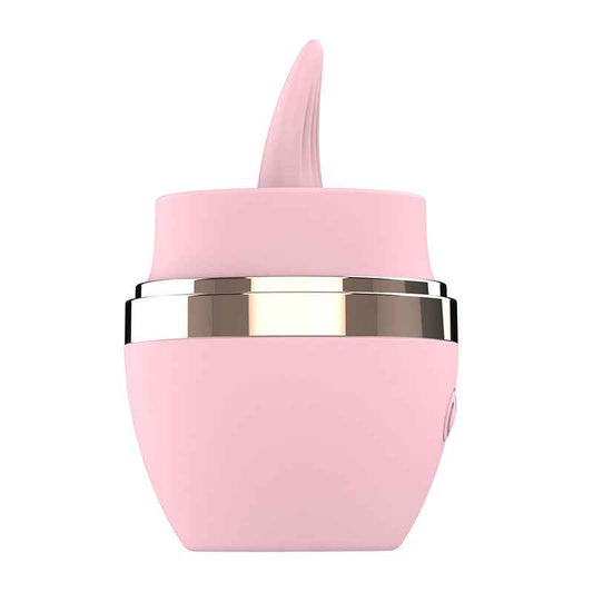 light pink tongue licking vibrator side view showing the curved silicone tongue