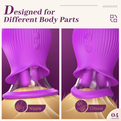 Rose Romeo - 3in1 Rose Sex Toy with 2 Suction Cups, Adult Toys Female Clitoral Nipple Vibrators with 10 Licking Sucking Vibrating