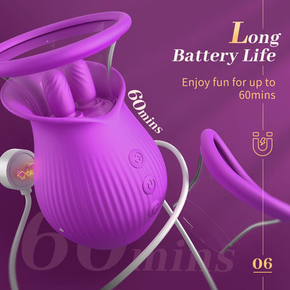 Rose Romeo - 3in1 Rose Sex Toy with 2 Suction Cups, Adult Toys Female Clitoral Nipple Vibrators with 10 Licking Sucking Vibrating