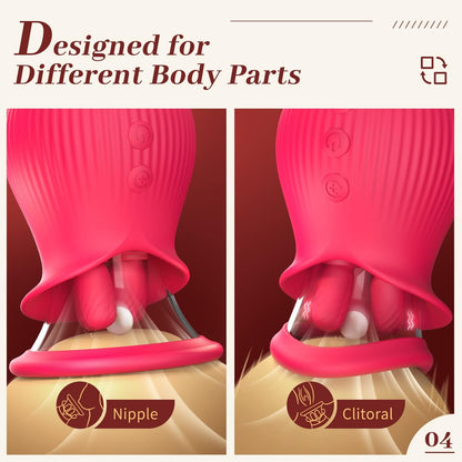 Rose Romeo - 3in1 Rose Sex Toy with 2 Suction Cups, Adult Toys Female Clitoral Nipple Vibrators with 10 Licking Sucking Vibrating
