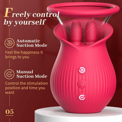 Rose Romeo - 3in1 Rose Sex Toy with 2 Suction Cups, Adult Toys Female Clitoral Nipple Vibrators with 10 Licking Sucking Vibrating