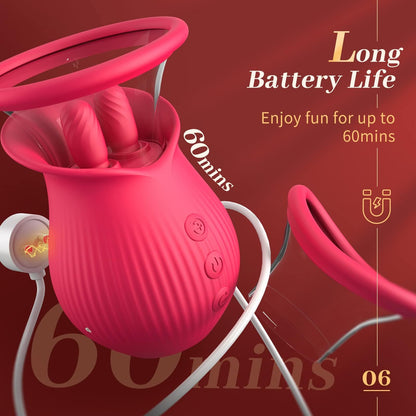 Rose Romeo - 3in1 Rose Sex Toy with 2 Suction Cups, Adult Toys Female Clitoral Nipple Vibrators with 10 Licking Sucking Vibrating